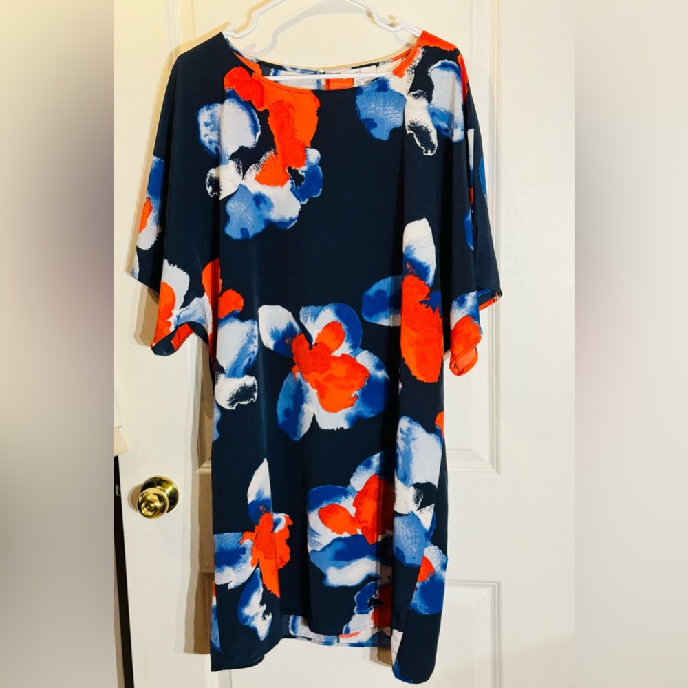 H by Halston Navy Midi Dress with Bold Orange, Blue and White Floral Print